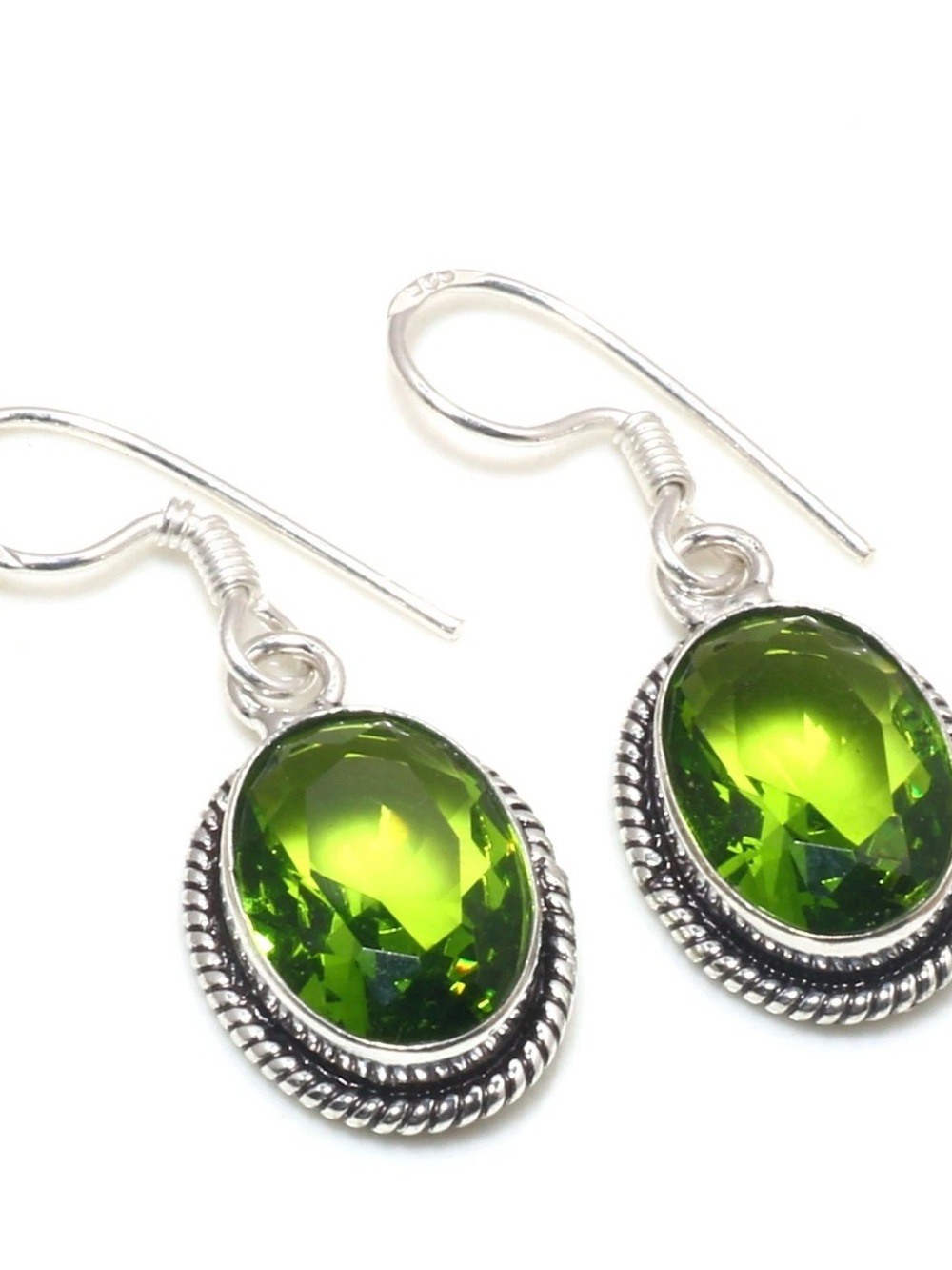 Silver Hook Earrings with Bright Green Oval Gemstones